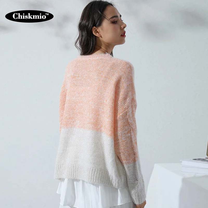 

Chiskmio Stitching Knitted Pullover Women Mohair Knitting Tops O-Neck Long-Sleeved Sweater Woman Plus Size Long-Sleeved Knitwear