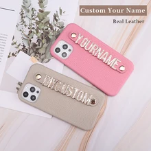 Luxury Custom Initial Name Real Leather Phone Case For iPhone 11 12 13 Pro Mini Max X XR XS 7 8Plus Diamond Metal Letters Cover