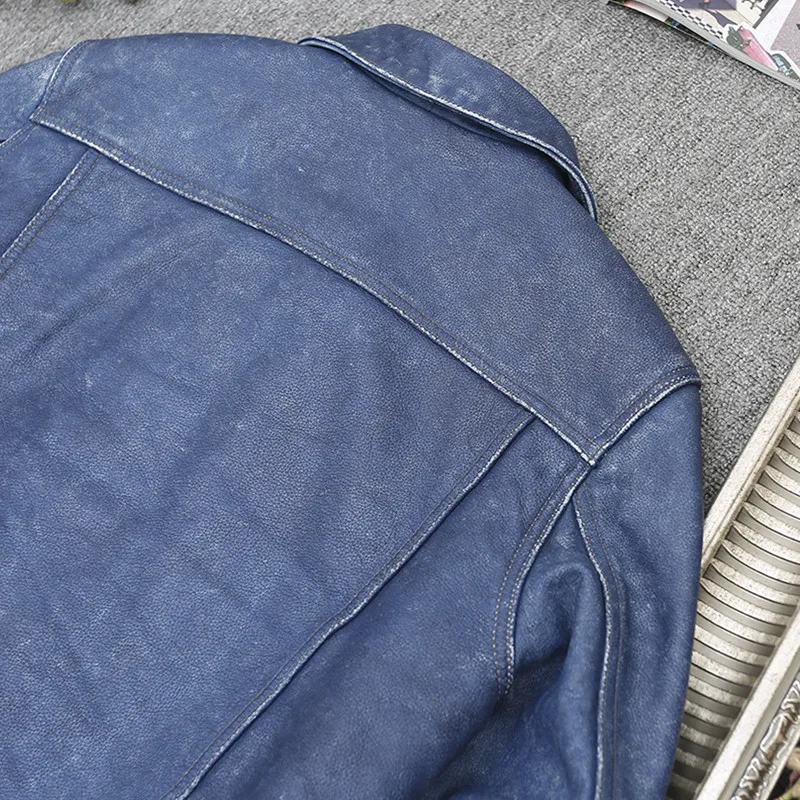 

2021 Vintage Blue Japan Casual Style Genuine Leather Jacket Men Large Size 4XL Real Natural Cowhide Spring Slim Fit Short Coat