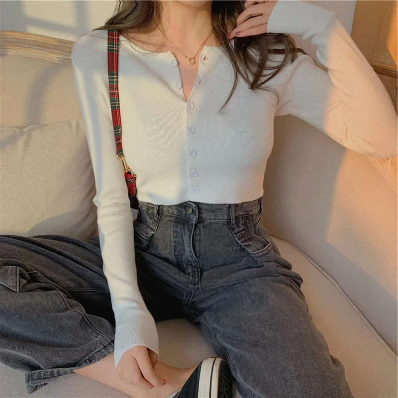 

Sexy V Neck Button Long Sleeve Sweaters Spring Autumn Women Thin Single Breasted Sweater Lady Cropped Tops Jumper WDC4766