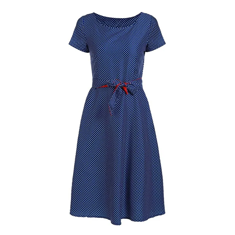 

Summer Fashion Dots Dress Women Hepburn Style Dress O-neck Mid-calf Belt Dress Women Party Dress with Sashes Beach Dress Loose