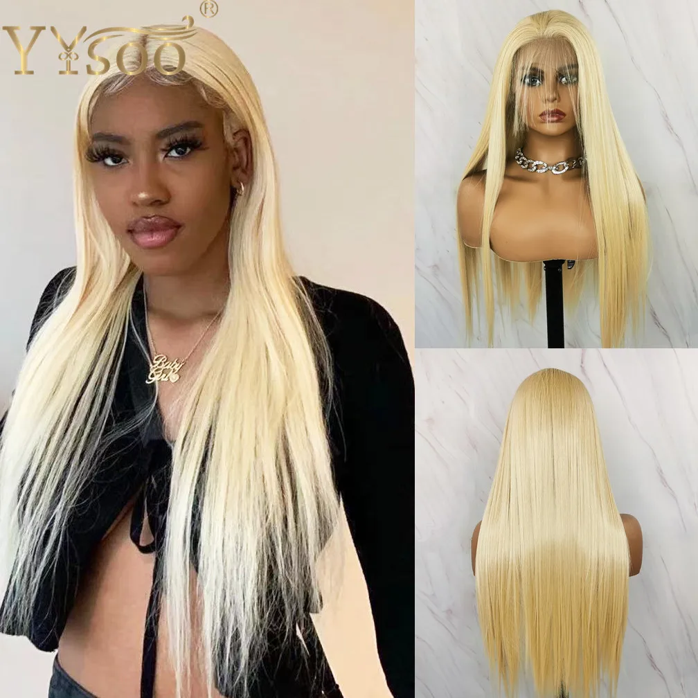 YYsoo Long 613# Color 13x4 Futura Synthetic Lace Front Wigs Silky Straight Glueless Half Hand Tied Lace Blonde Wigs For Women