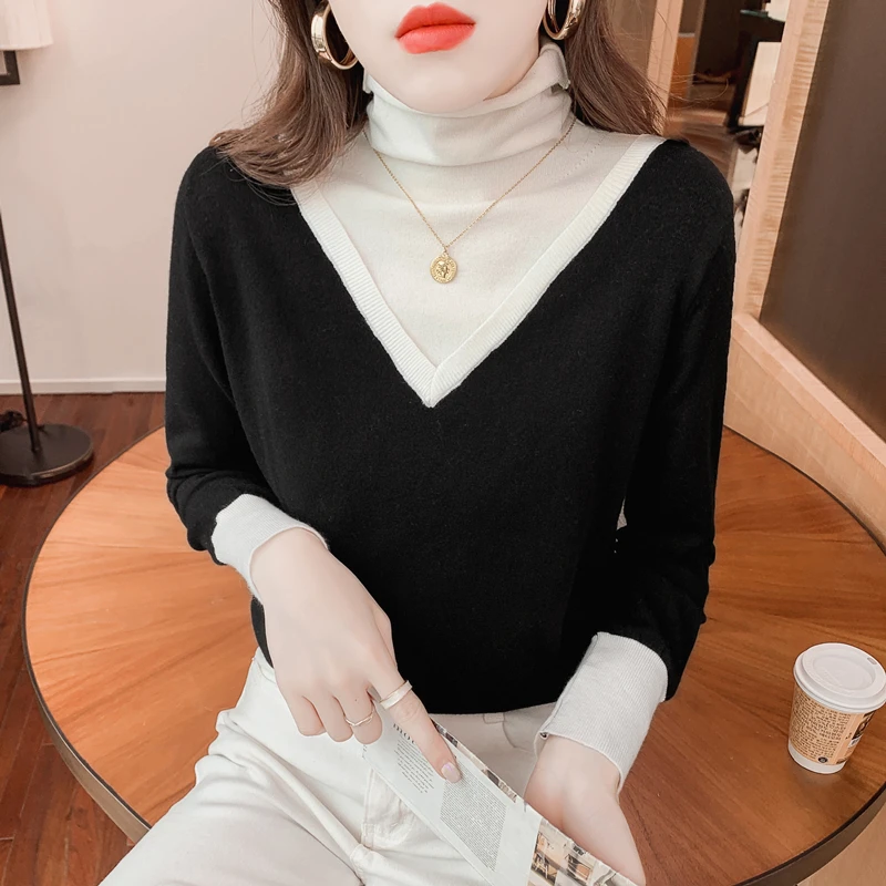 

Autumn new turtleneck false color matching two thin paragraph wool sweater long-sleeved sweater base coat of cultivate one's mor