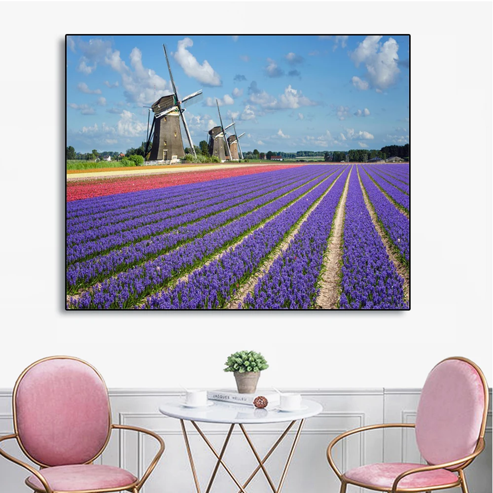 Laeacco Картина на холсте каллиграфия Цветущий Лавандовый фермерский пейзаж