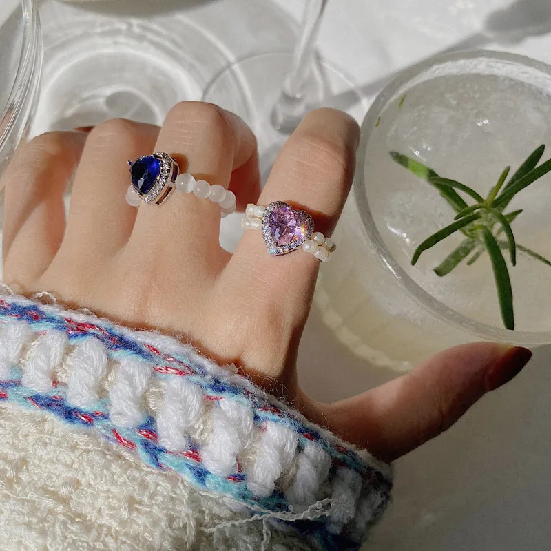 

2020 Vintage Punk Colorful Zircon Weave Crystal Beads Ring Love Heart Freshwater Pearl Rings for Women Girls Party Кольцо