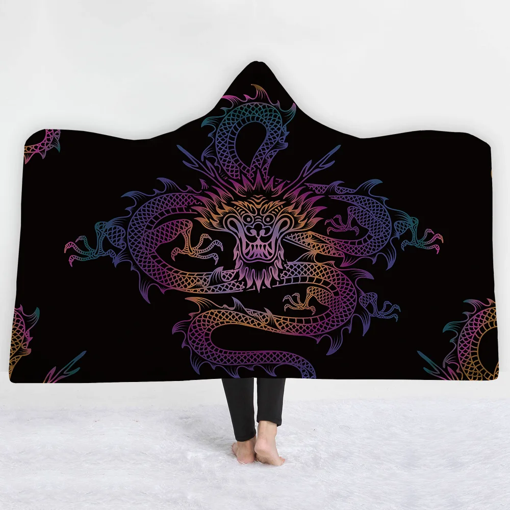 Одеяло с капюшоном изображением дракона зимнее флисовое Коралловое одеяло
