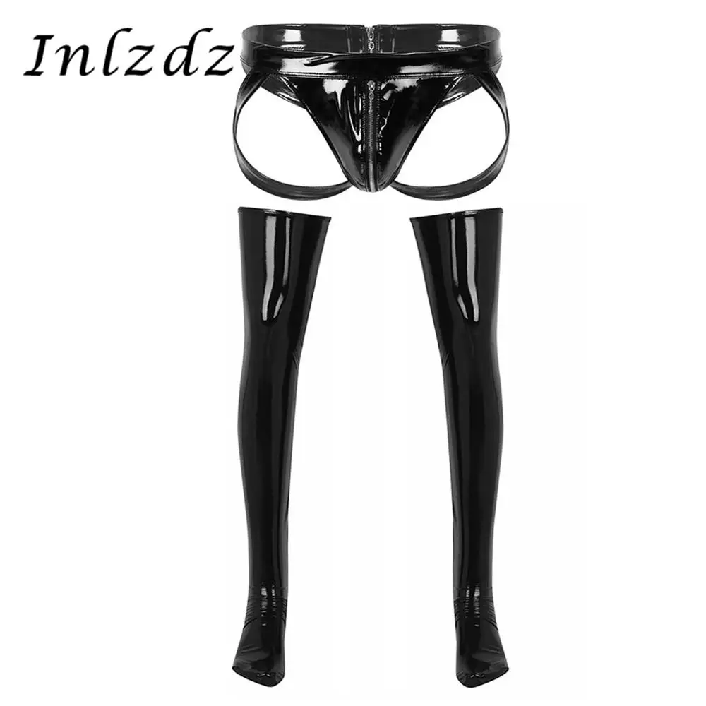 

Мужское нижнее белье для косплея, комплект нижнего белья из лакированной кожи, на молнии, Эротические трусики, бандаж, нижнее белье с высоким голенищем, чулки