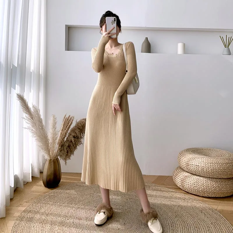 

One-Piece 2020 Korean Style Spring Autumn Dress Elegant Square Collar Sweater Dress Slim Waist Casual Temperament Knitting Dress