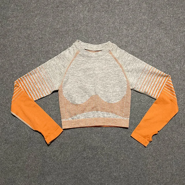 Orange top 2 шт., бесшовный комплект для йоги с эффектом омбре, женские укороченные топы с длинным рукавом, высокая талия, контроль живота, спортивные Леггинсы, спортивный костюм для спортзала, одежда для фитнеса - Цвет: Orange top