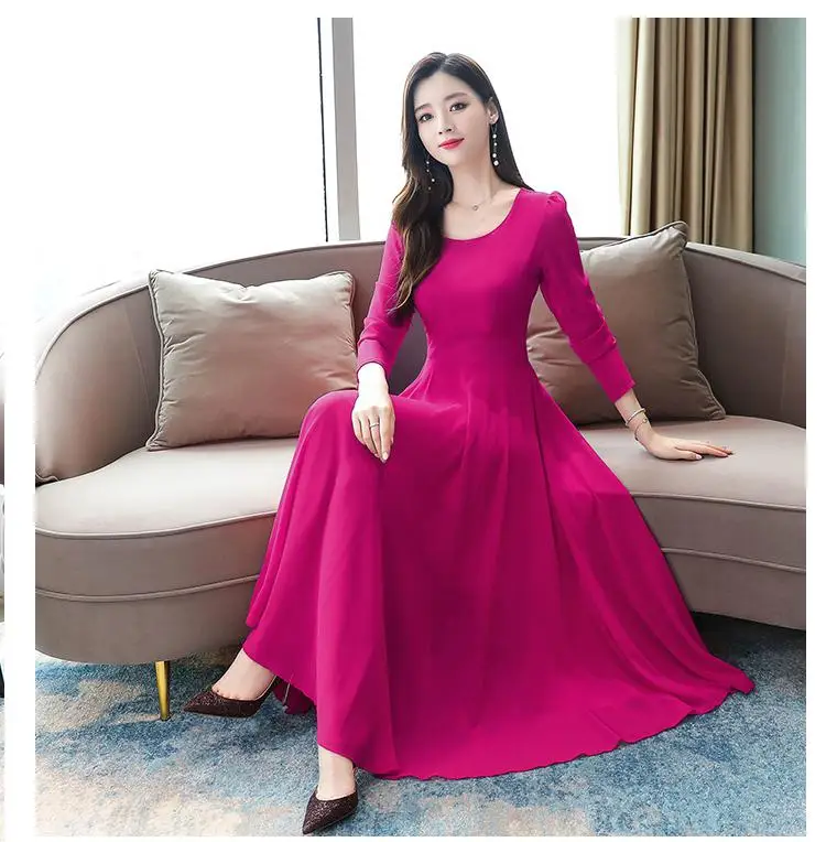 Rose Red Dress Длинное Макси платье осень зима длинный рукав плюс размер шифоновое платье миди винтажное элегантное женское облегающее вечерние платья Vestidos - Цвет: Rose Red Dress