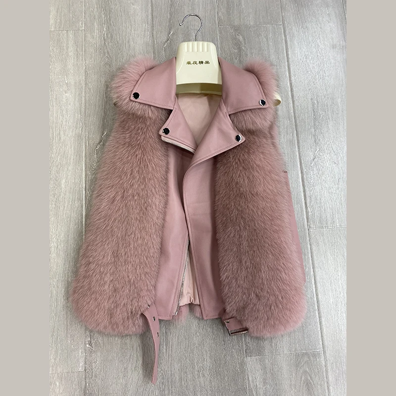 2020 Winter Stylish Fox Fur Vest Ladies Locomotive Coat Women's Short Slim Sleeveless Jacket