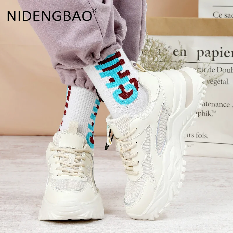 Women Casual Sneakers Mesh Breathable Thick Sole Heighten Chunky Shoes Platform Footwear Outdoor Walking Sports Shoes Size 35-43