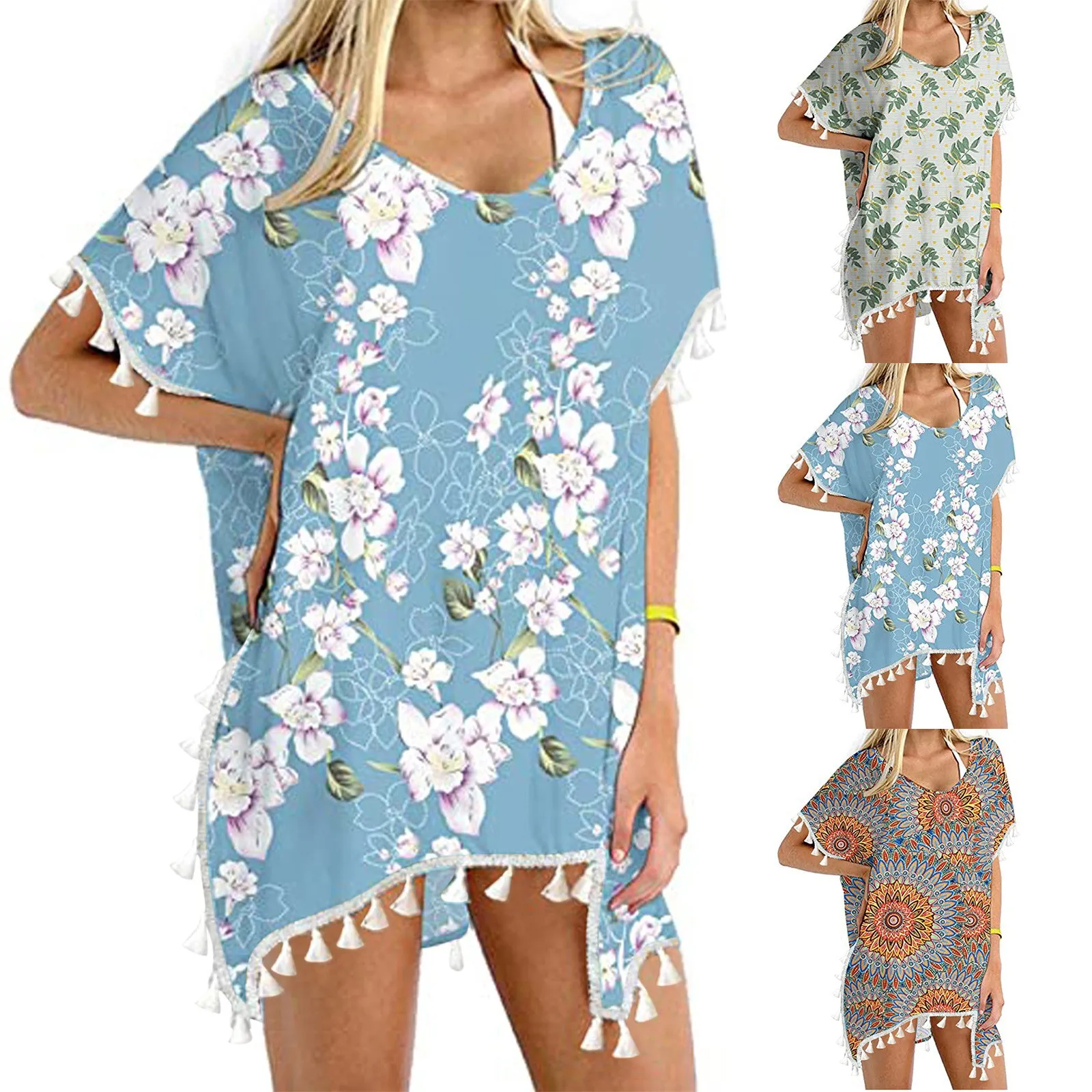 

Plus Size Swimwear Women Swimsuit Women's Trim Kaftan Chiffon Tassels Swimwear Beach Loose Bikini Cover Up Tops #G