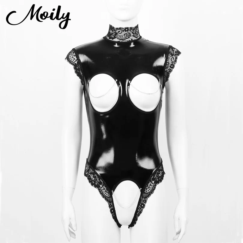 

Sexy Womens Patent Leather Crotchless Leotard Bodysuits Hot Lingerie Open Breast Crotch Wet Look Teddies Bodysuit Latex Catsuit