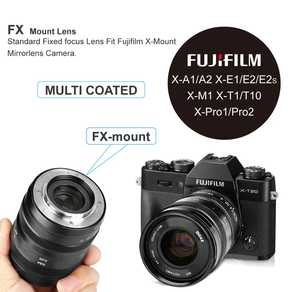 Объектив Meike 25 мм f/2 0 с ручным фокусом и низким искажением для фотоаппаратов Fujifilm