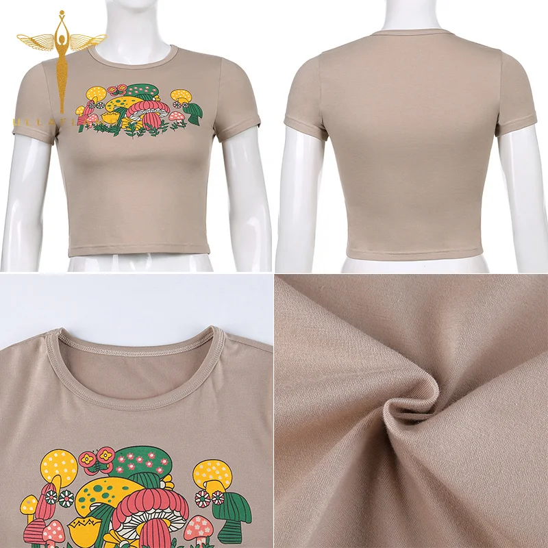 

Cartoon Pattern Print O-Neck T-Shirts Women's Clothes Short Sleeve High Street Skinny Casual Pullover Female Slim Brown Crop Top