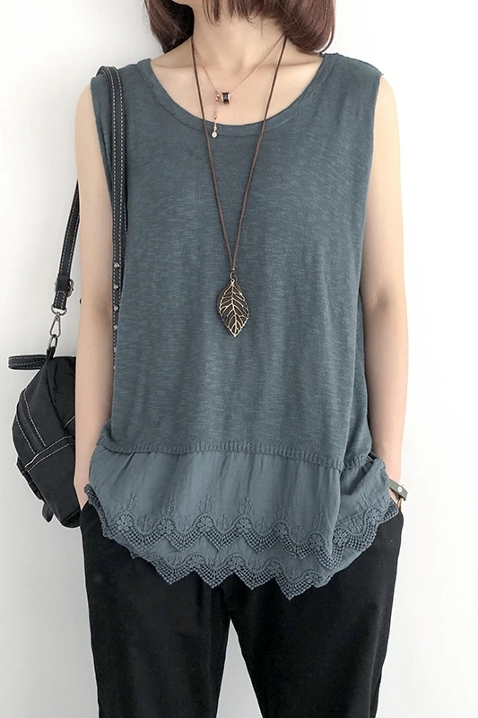 

Shirt Vest Tank-Tops O Neck Streetwear Lace Hem Casual Fashion Women Sleeveless Summer Casual Tee Shirt