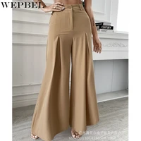 wepbel long pants womens casual solid color loose stitching trousers autumn fashion button high waist wide leg pants no belt