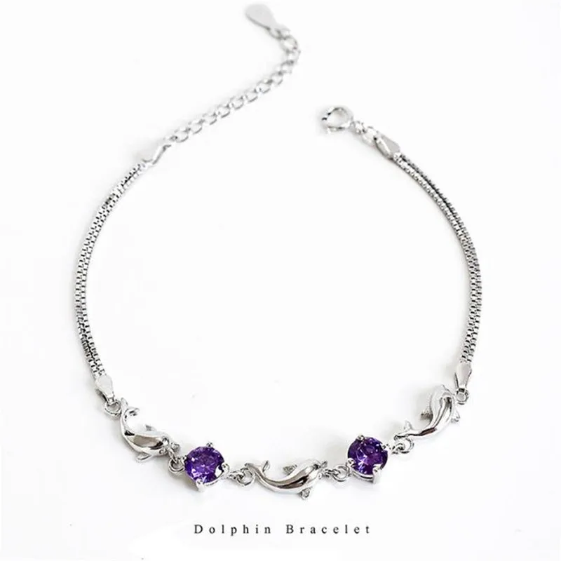 

POFUNUO 925 Sterling Silver Dolphin Purple White Zircon Bracelets Women Wedding Brithday Gift Fashionable Cute Jewelry Bracelets