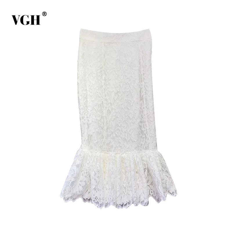 

VGH Elegant White Patchwork Lace Long Skirts For Women High Waist Plain Slim Midi Trumpet Female Korean Fashion 2021 Clothes New