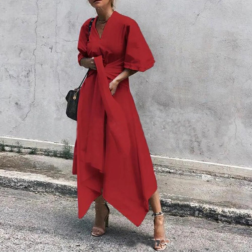 VIEUNSTA, Vestidos, сексуальное платье с v-образным вырезом, Необычные Вечерние Платья, женское осеннее платье с расклешенными рукавами, однотонное платье макси, элегантное женское платье с поясом, 5XL