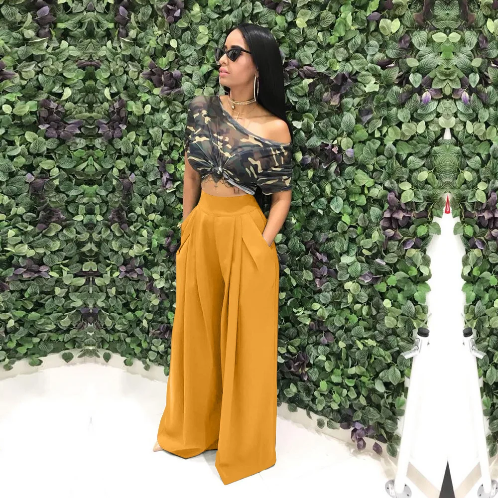 

Women Wide Loose Leg Full Solid Mid Waist Leg Full Length Pants Fashion High Streetwear Casual Trousers Summer 2021