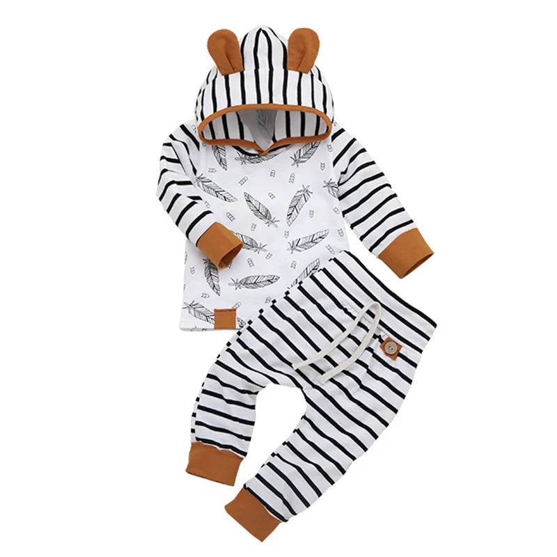 

Winter Autumn Baby Newborn Baby Boy Girl Clothes Feather Rompers Tops Striped Pants Clothes Outfits Set vetement enfant fille