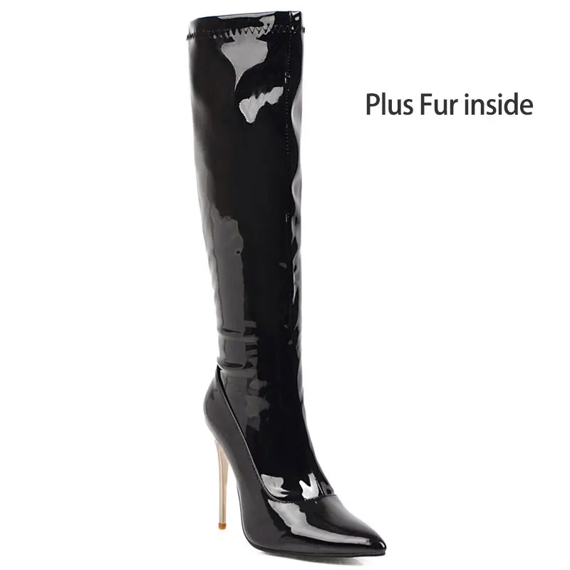 plus fur black Lasyarrow/зимние сапоги до колена; женские высокие сапоги из лакированной кожи на тонком каблуке; обувь на очень высоком каблуке на молнии; Женская Осенняя обувь - Цвет: plus fur black