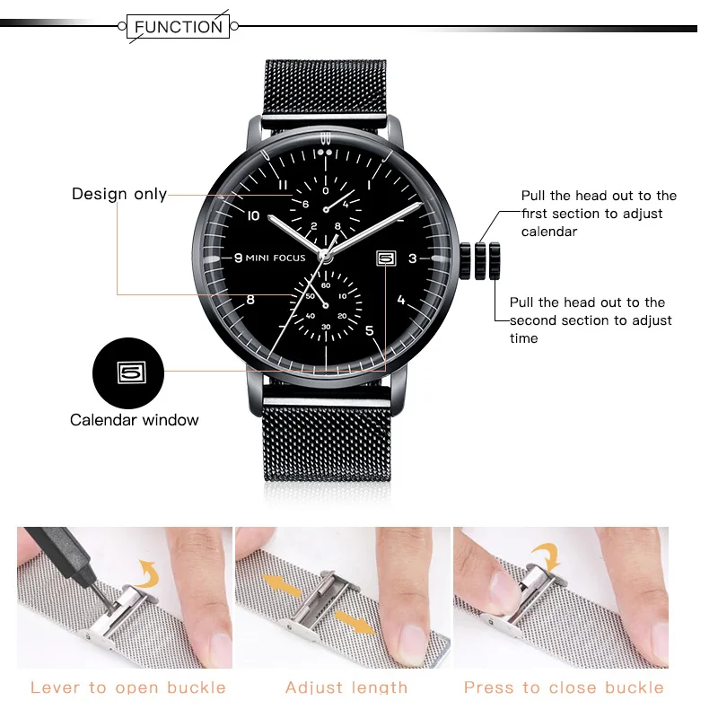 Часы наручные мужские MINI FOCUS s брендовые Роскошные Серебристые Кварцевые