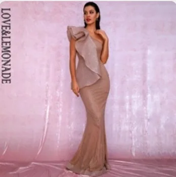 LOVE& LEMONADE, сексуальное платье на одно плечо, гофрированное Ститч, розовое золото, блестящий материал, облегающее, вечерние, макси платье, LM81886, осень/зима - Цвет: ROSE GOLD