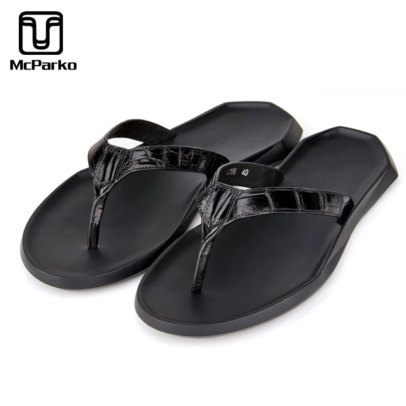 

McParko Men Shoes Flip Flops Genuine Leather Crocodile Slippers Black Casual Daily Slippers With TPU Insole and PT Outsole