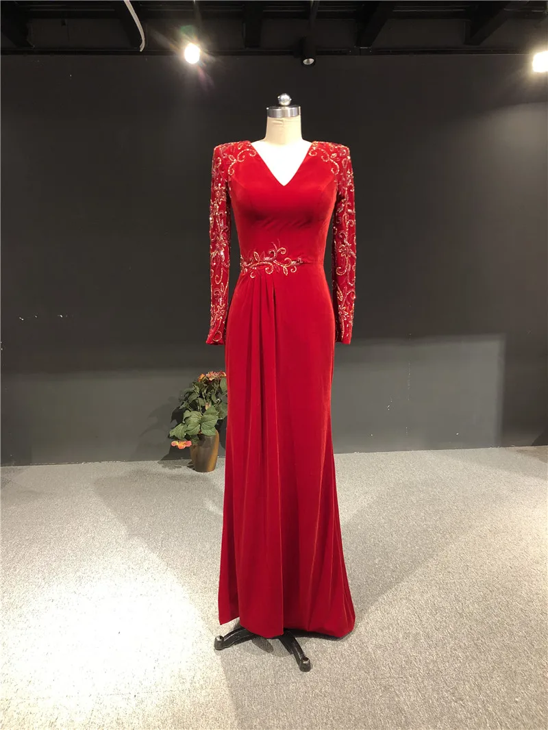 

Red Velvet Customized Made Real Photos Heavy Beads Full Sleeves Straight Floor Length Evening Party Prom Dance Dress Gown