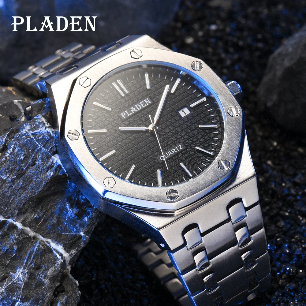 

PLADEN Black Simple Square Dial Diving Men Watch Luxury Gentleman Mature Stainless Steel Calendar Anti-Shock Quartz Wristwatch
