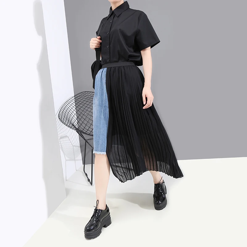 Женская джинсовая юбка составного кроя Повседневная плиссированная шифоновая с