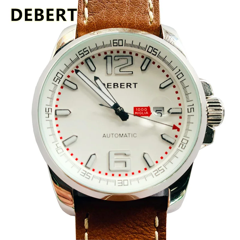 Автоматические Мужские часы DEBERT 44 мм из нержавеющей стали с белым циферблатом