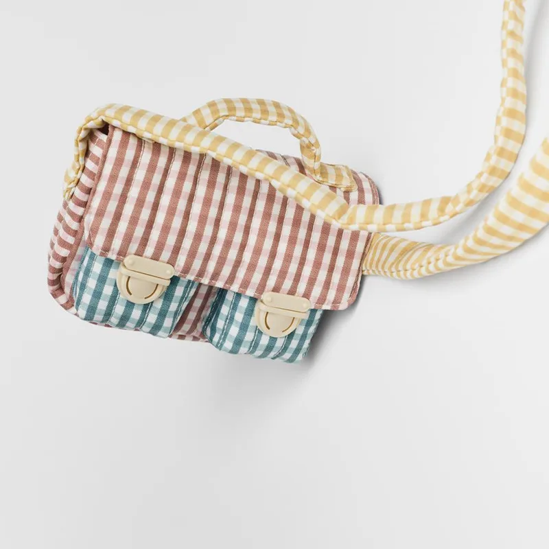 New children's bag girls summer fresh color matching square check messenger cotton medium soft texture knotted shoulder | Багаж и