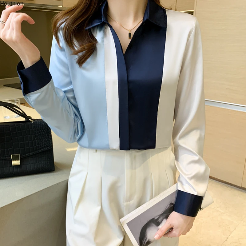 

Chiffon Women's Blouse Loose Polo Girl's Shirt Spring Autumn Long Sleeve Top Clothing Casual Splicing Lady Blusas Houthion