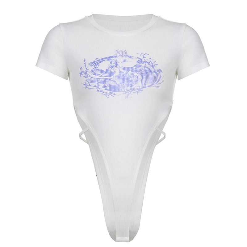 

Rockmore Knitted Print Bodysuit Women Sleeveless Bodycon Playsuit White Romper Skinny Bodies Top Body Suits Streetwear Jumpsuit