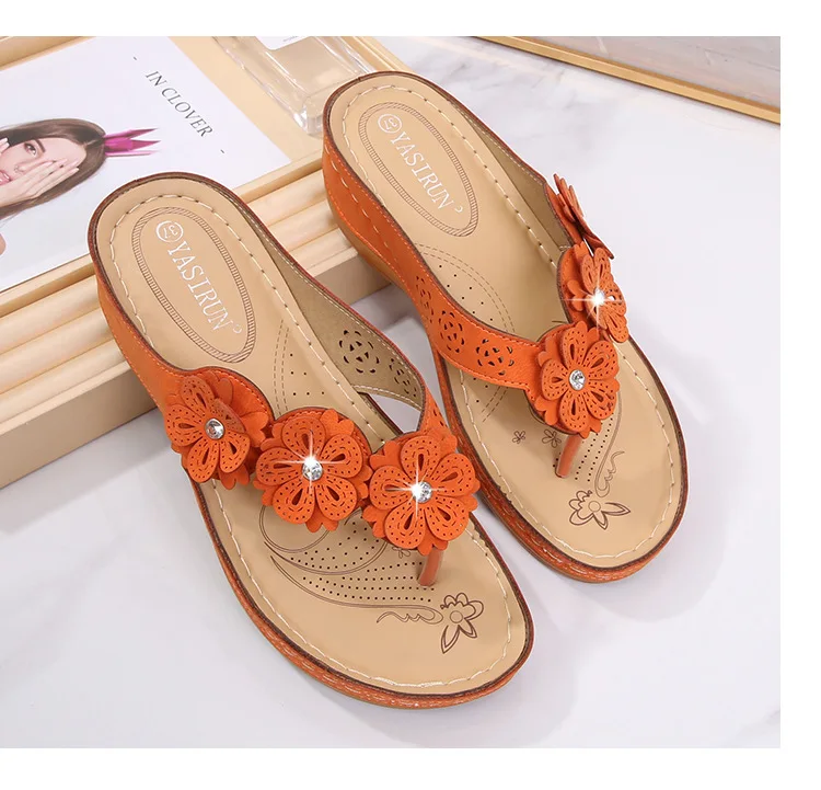 Summer New Women Shoes Pinch Slides Outer Wear Leisure Fashion Wedges Flower Solid Med 3cm-5cm Non-slip High Quality Large Size