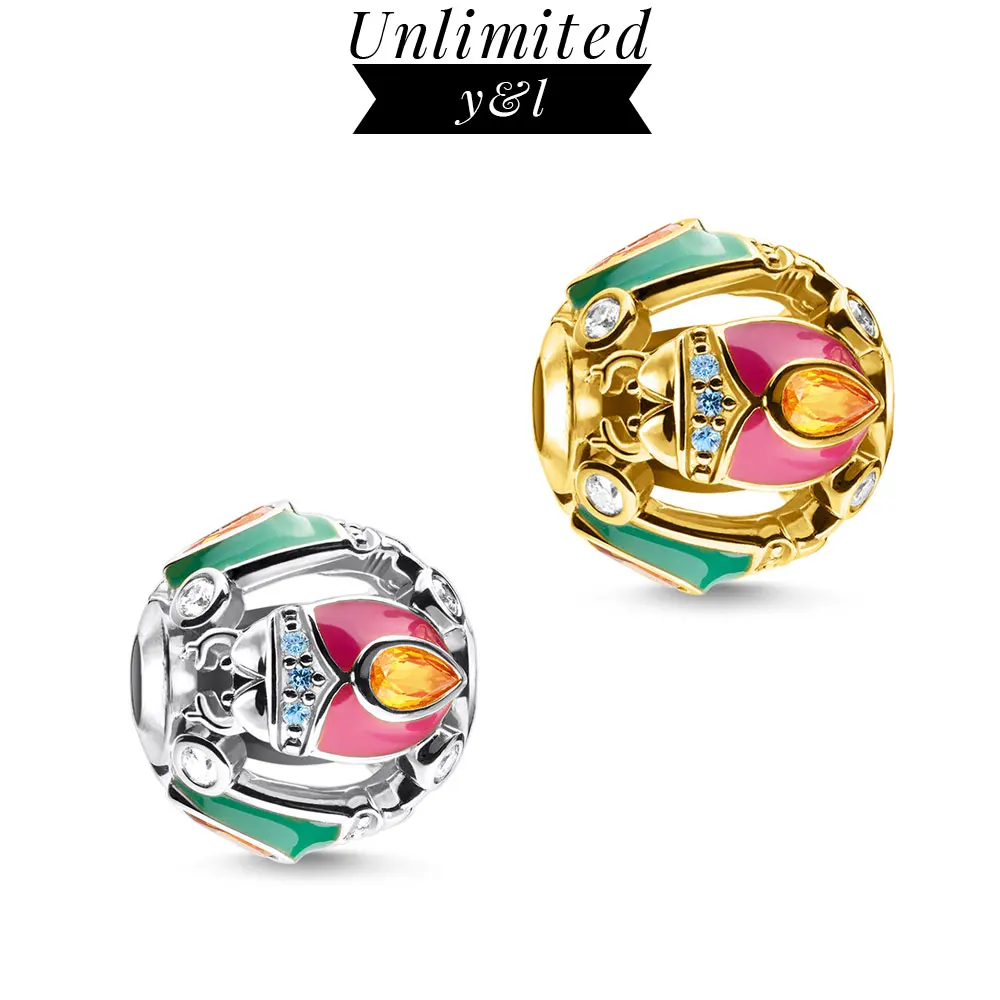 Подвеска в виде жука из серебра 925 пробы с бусинами цвет золотой розовый зеленый