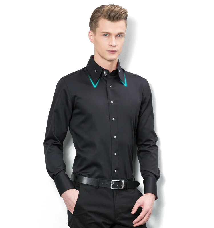 Black and White Mercerized Cotton High-Necked Casual Work Shirt Men Long-Sleeved Reduce Ironing Korean Style Spring Autumn