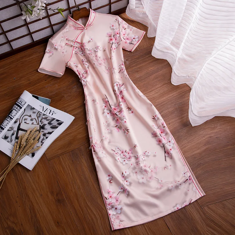 

Женское атласное платье-Ципао с коротким рукавом, розовое платье в китайском стиле с принтом баской и воротником-стойкой, вечернее платье д...