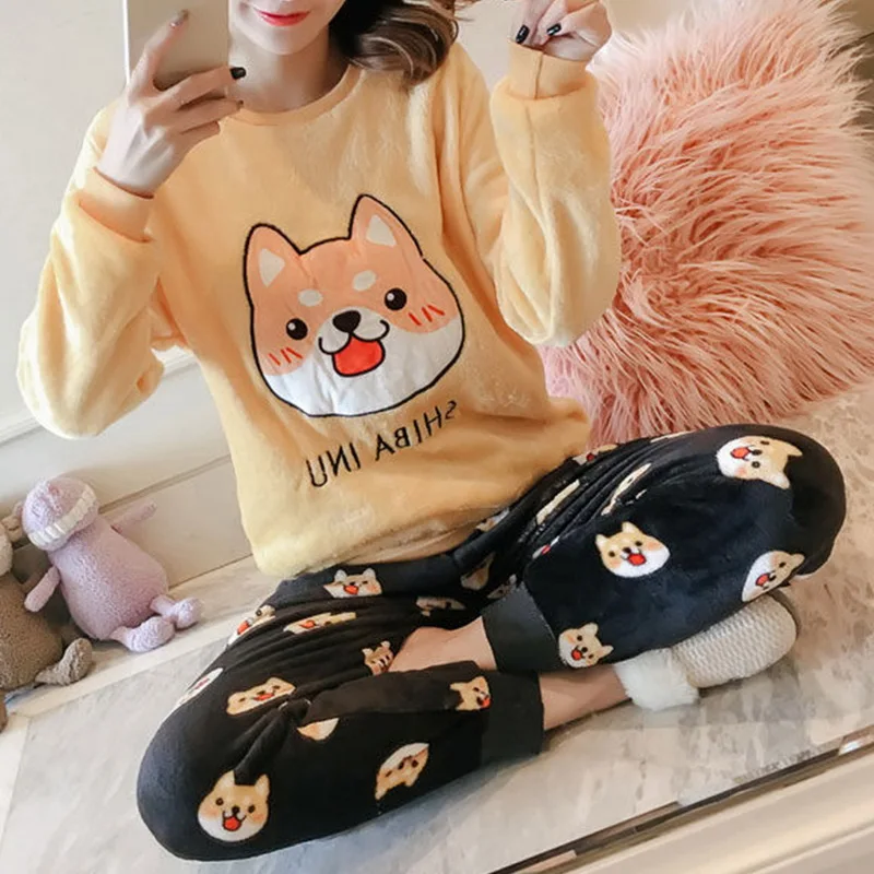 

WNEYUJH Winter Women's Pajamas Pajama Set Home Wear Long Sleeve Cartoon Pijama Set Sleepwear Women Pyjamas Thick warm Nightwear
