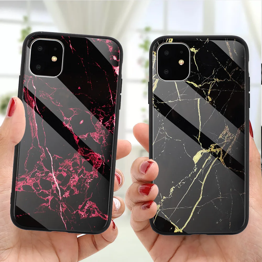 Для iPhone 11ProMax чехол из закаленного стекла противоударный мраморный Цветной