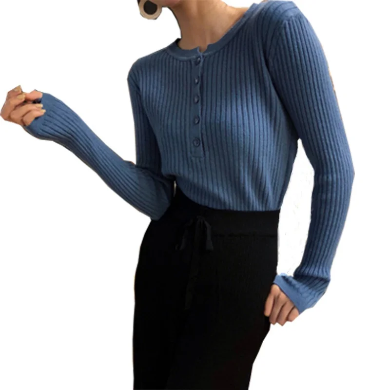 

Fashion Autumn Women Knit Sweater Creative Slim Fit Solid Color Button Round Neck Long-sleeved Sweater