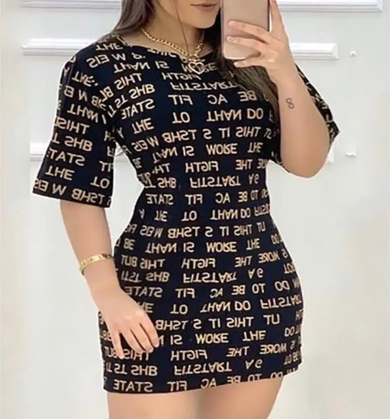 

2021 Summer New Fashion Ladies Short-Sleeved Dress Round Neck Mid-Waist Letter Printed Women Dress Casual All-Match Short Skirt