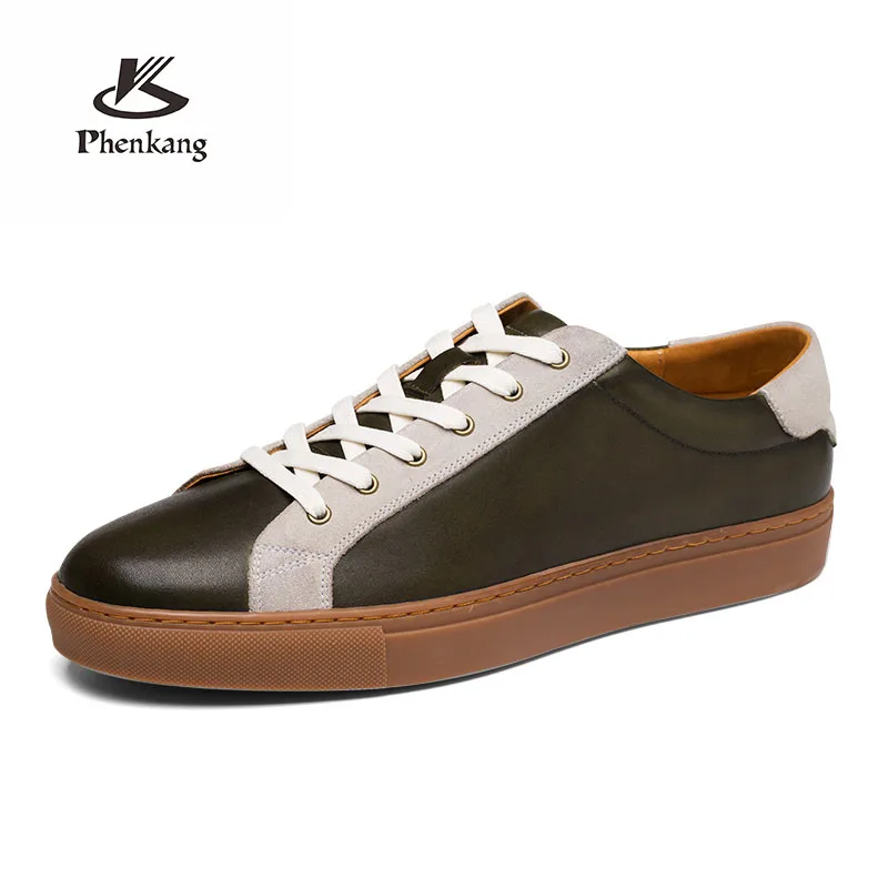 

Мужские повседневные кроссовки Phenkang, туфли с круглым носком, на шнуровке, мягкие кожаные лоферы ручной работы, уличная мужская обувь на плос...