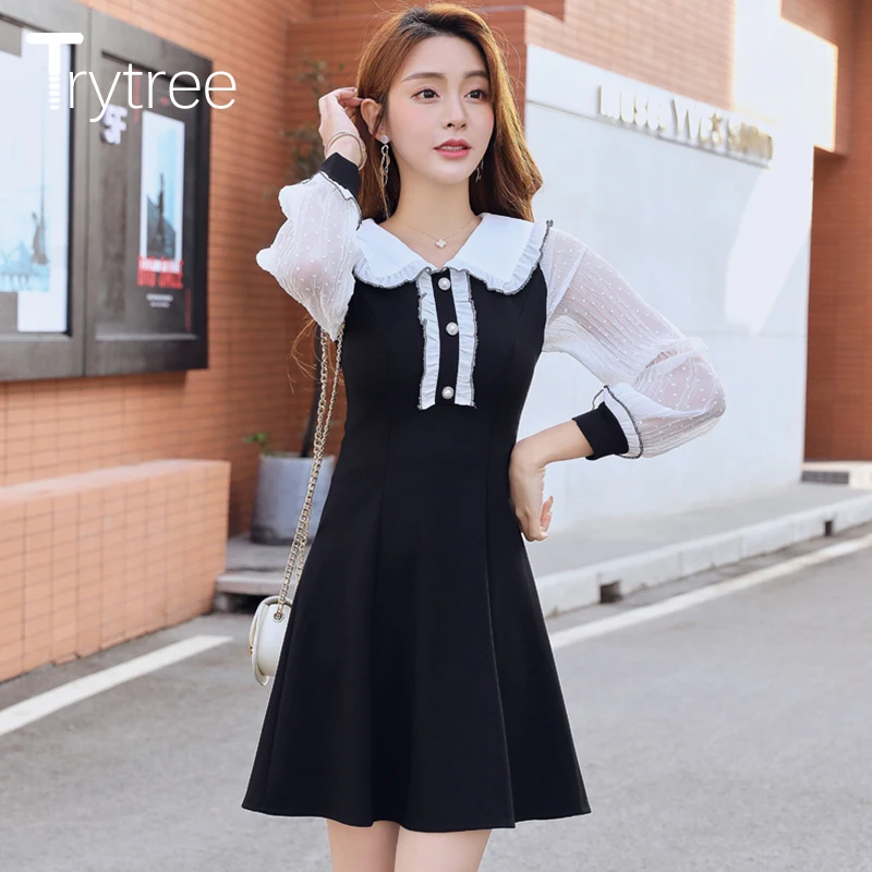 Осеннее платье Trytree 2020 повседневные женские сетчатые мини-платья в стиле пэчворк