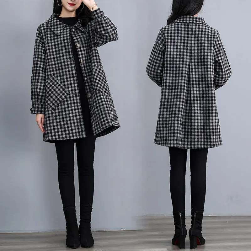 

Women Plus Size 5XL Autumn Winter Elegant Lapel Single-breasted Tweed Jacket Loose Casual Coat Female Clothes Y867