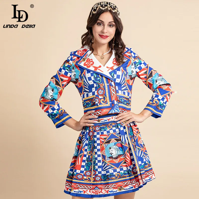 

LD LINDA DELLA Fashion Runway Autumn Skirt Suit Women Notched Long sleeve Coat + Vintage Blue warrior print Skirts 2 Pieces Set